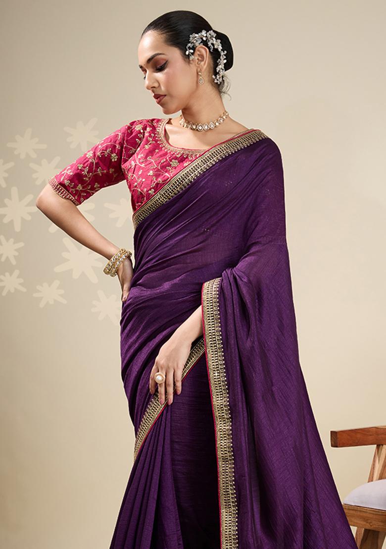 Plum Machine Zari Work Silk Saree Set